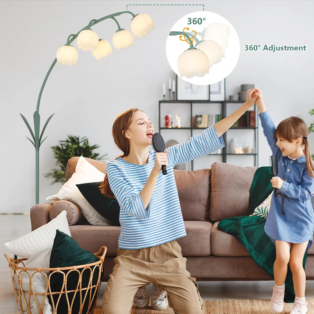 Elegant Arc Floor Lamp with Floral Design, Includes 5 LED Bulbs and Foot Switch for Living Room or Bedroom