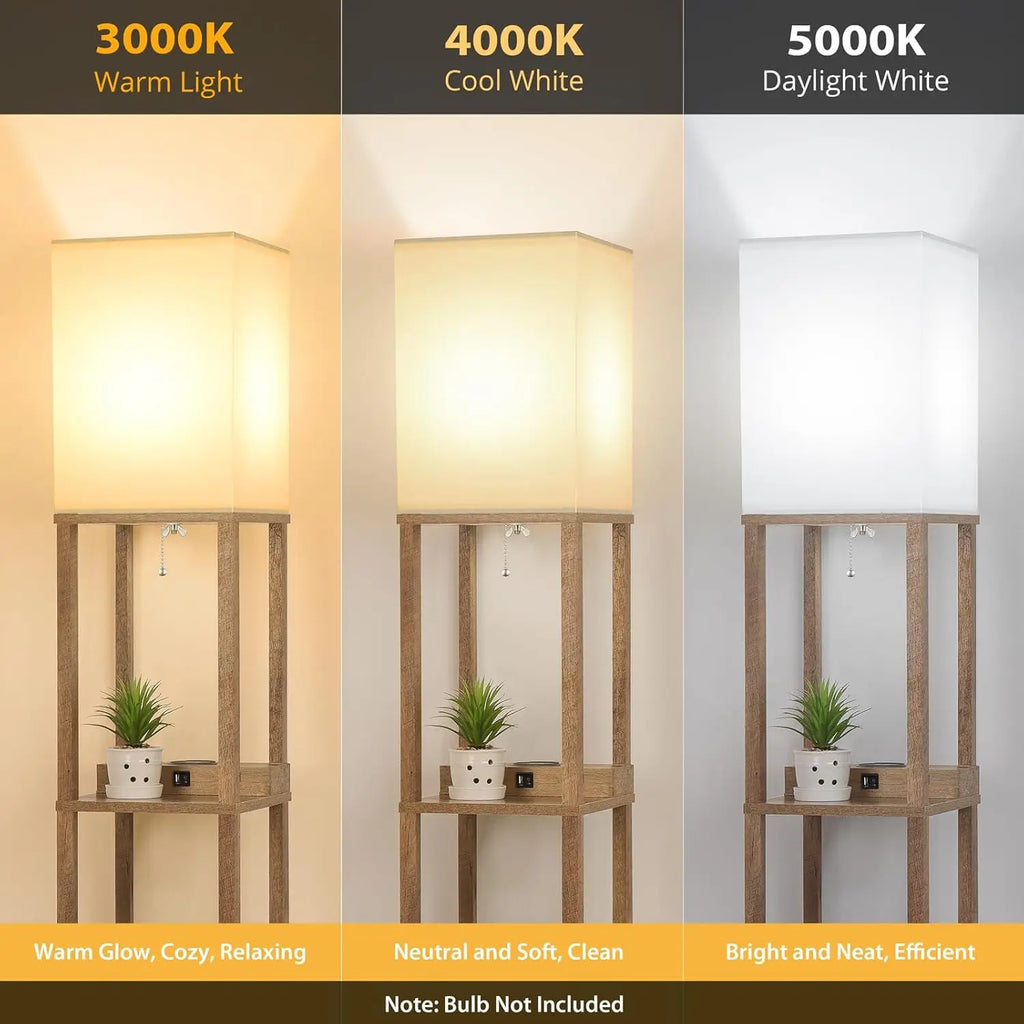 Modern 3-Tier Shelf Floor Lamp with Wireless Charging, USB Ports & Power Outlets for Bedroom