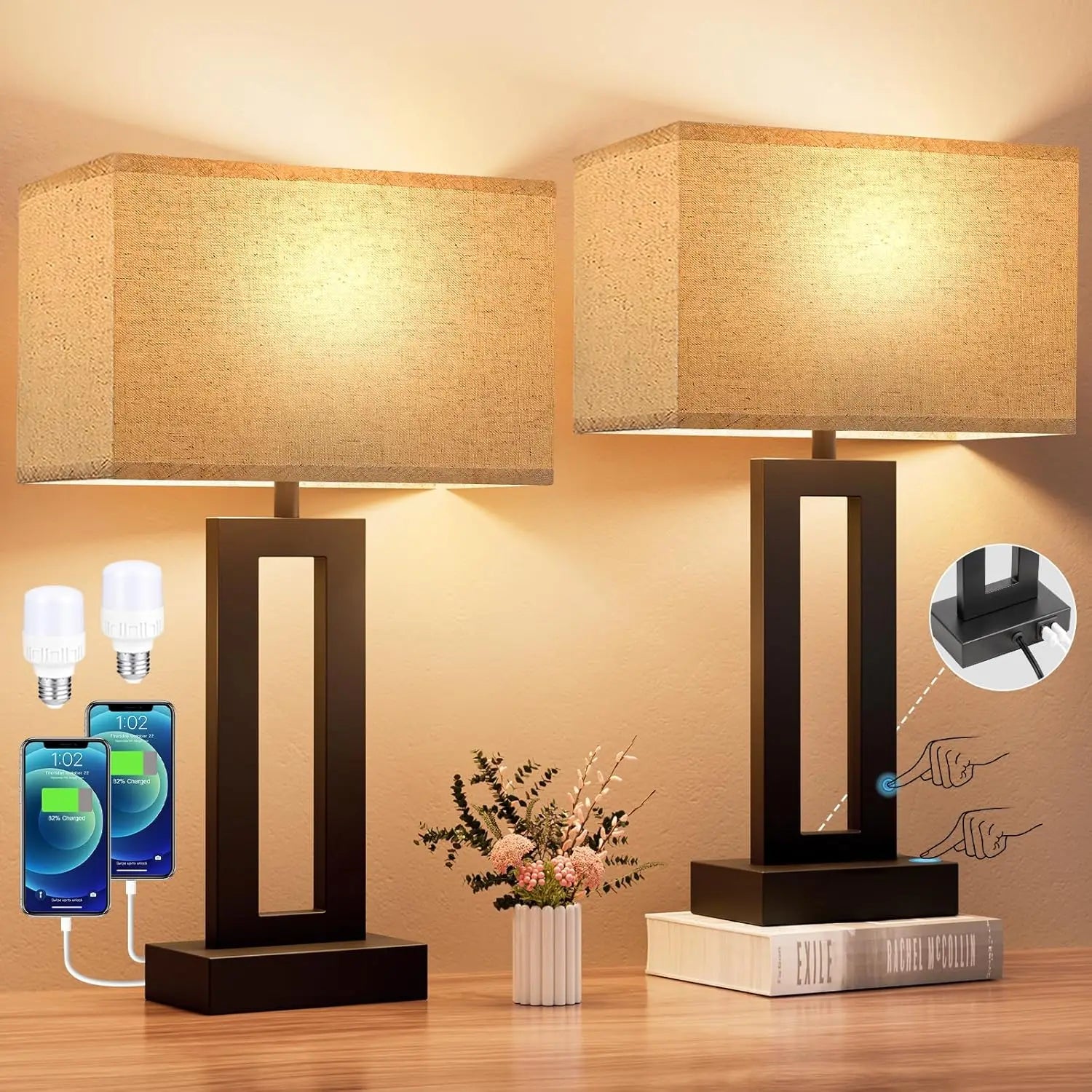 Touch Control Dimmable Bedside Lamps with USB C+A Charging, LED Bulbs Included, Easy Assembly