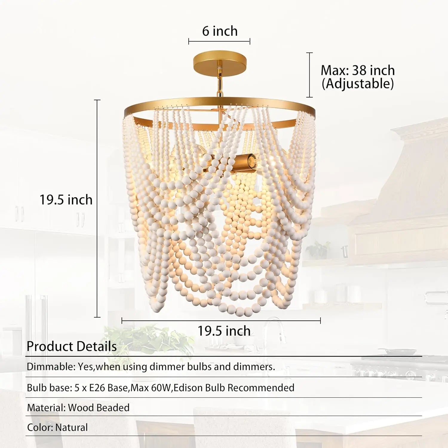 Boho Wood Beaded Chandelier with 5 Lights in Gold and Oak Finish for Dining, Living, Bedroom