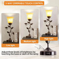 3-Way Dimmable LED Table Lamp with 2 USB Ports, Amber Glass Shade, Suitable for Living Room, Bedroom, and More (Bronze)