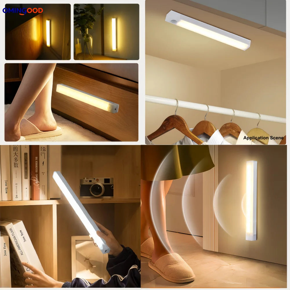 Motion Sensor Wireless LED Night Light USB Rechargeable Long Strip Bar Lamp for Kitchen Cabinet Wardrobe Bedside Staircase Tube