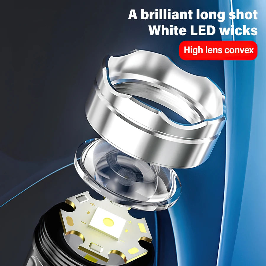 High Power 200000LM LED Flashlight Built-in Battery Type-C Rechargeable Strong Light Torch Outdoor Camping Hiking Emergency Lamp