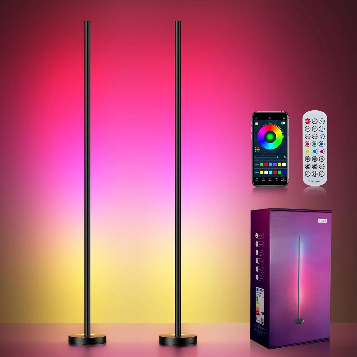 RGBICW LED Corner Floor Lamp 2 Pack - 16M Colors, Music Sync, App Control for Living Room & Gaming