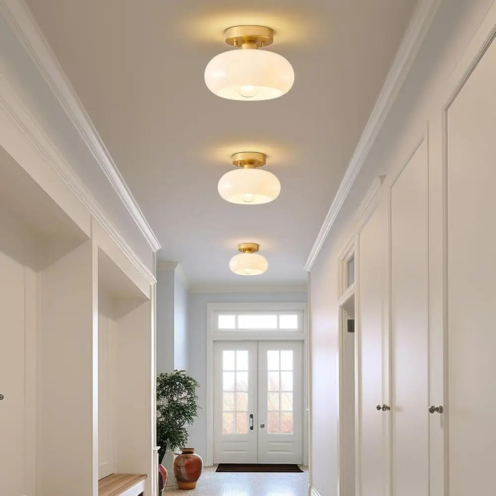 Gold Semi Flush Mount Ceiling Light with Glass Shade, Mini White Close to Ceiling Lamp or Entryway Hallway Bathroom (8.66 Inch)