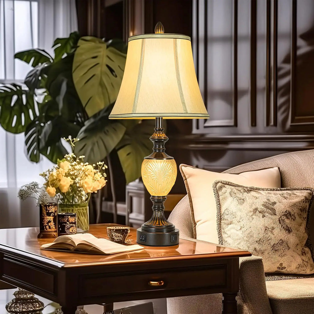 27' Vintage Table Lamp Set of 2 for Living Room, Farmhouse Bedside Lamp with Fabric Shades, Boho Nightstand Lamp with USB and