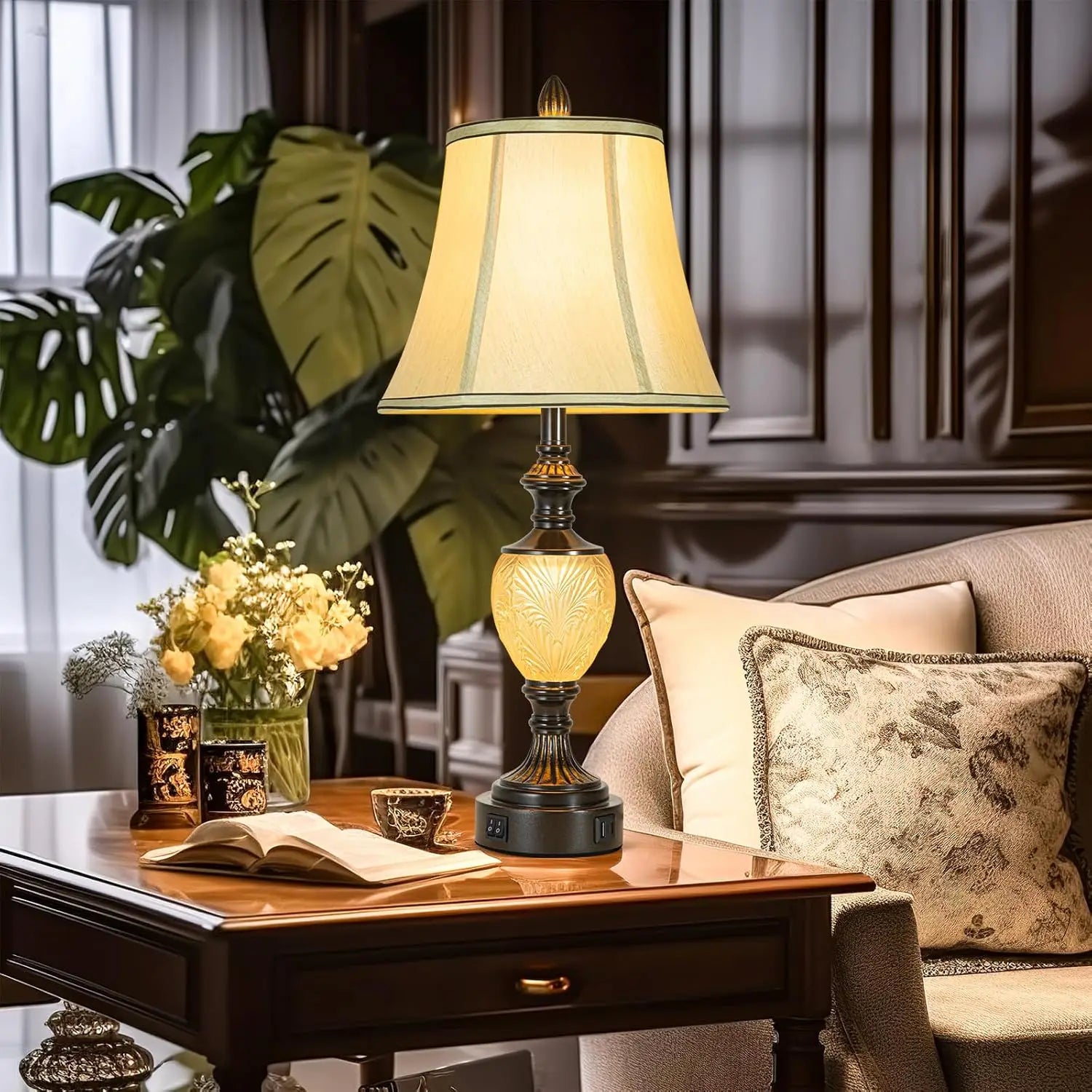 27' Vintage Table Lamp Set of 2 for Living Room, Farmhouse Bedside Lamp with Fabric Shades, Boho Nightstand Lamp with USB and