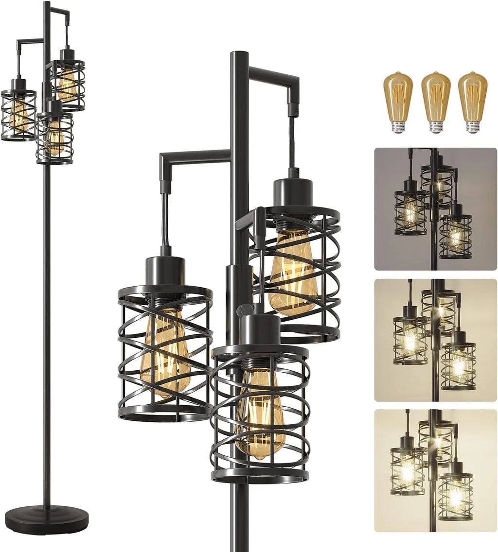 70" Dimmable Floor Lamp with 3 Bulbs, Industrial Style Standing Tree Light for Living Room, Bedroom, Office