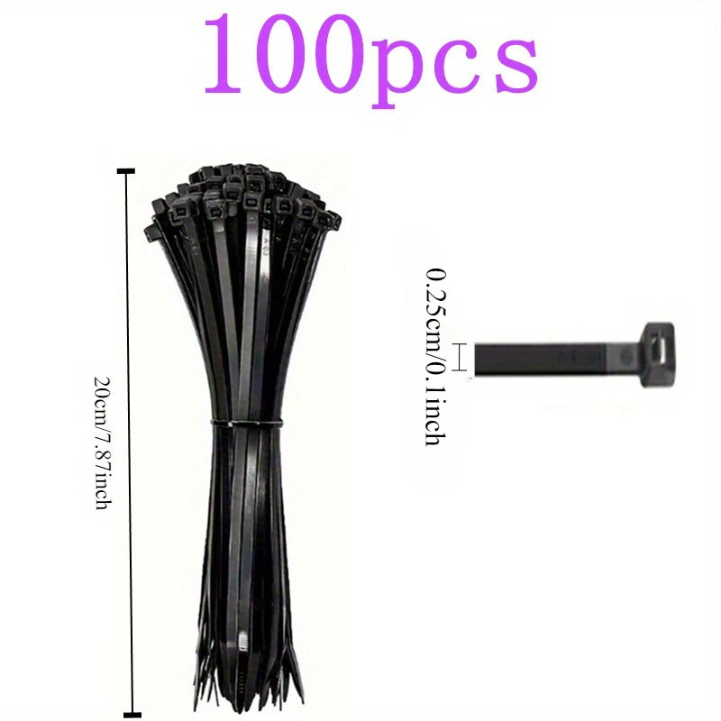 100pcs Black Cable Ties High Tensile Strength, Uv Resistant, Self-Locking For Home & Office Cord Management