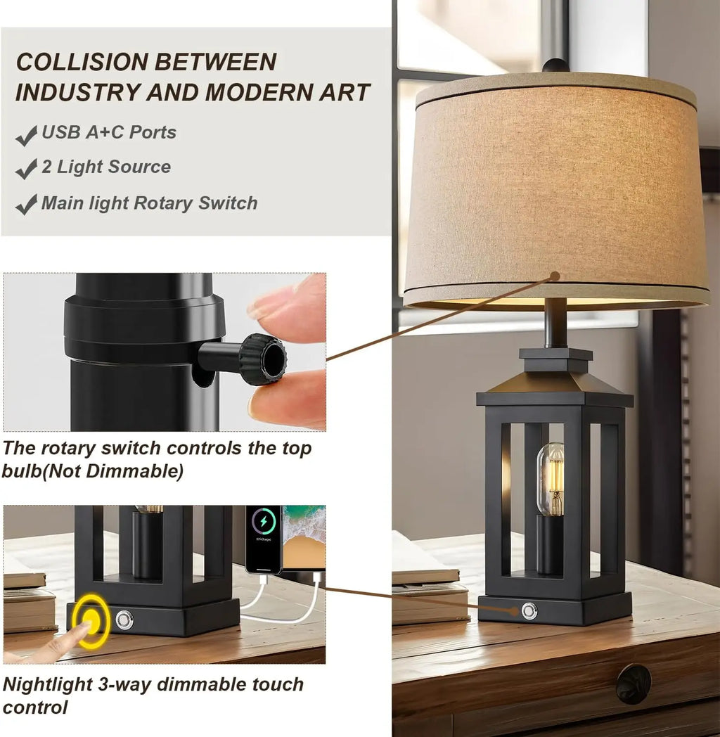 23.75" Vintage Farmhouse Black Table Lamp with Touch Control, USB C+A Ports, Dual Light for Bedroom Living Room