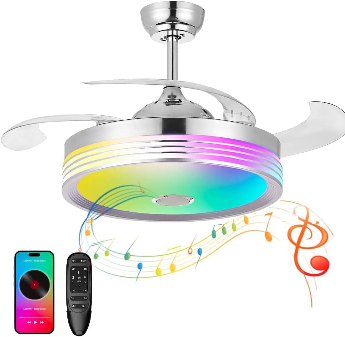 42 Inch Retractable Ceiling Fan with Lights, Remote, Bluetooth Speaker, RGB Colors for Bedroom Living Room