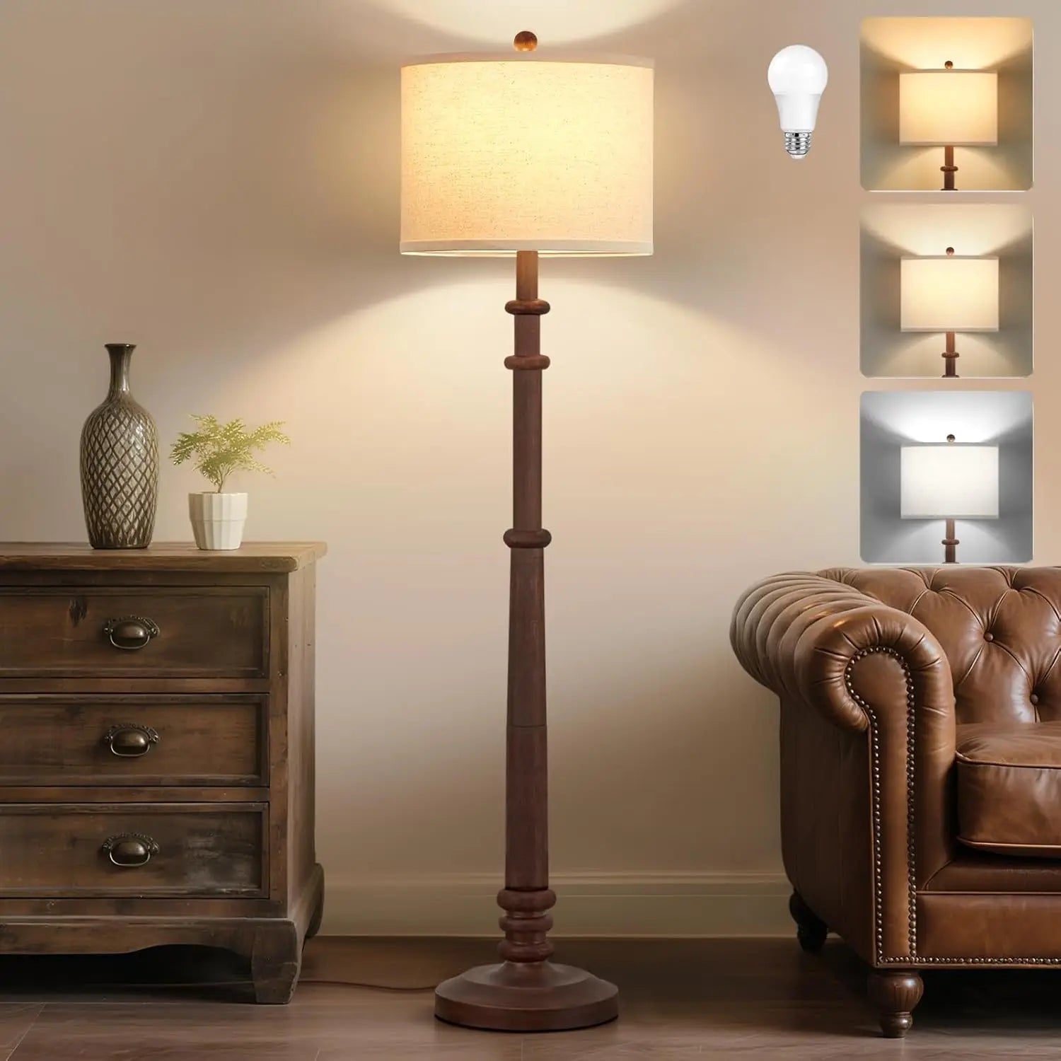 60" Adjustable Color Temperature Farmhouse Floor Lamp with Linen Shade - Vintage Style for Living Room Bedroom Office