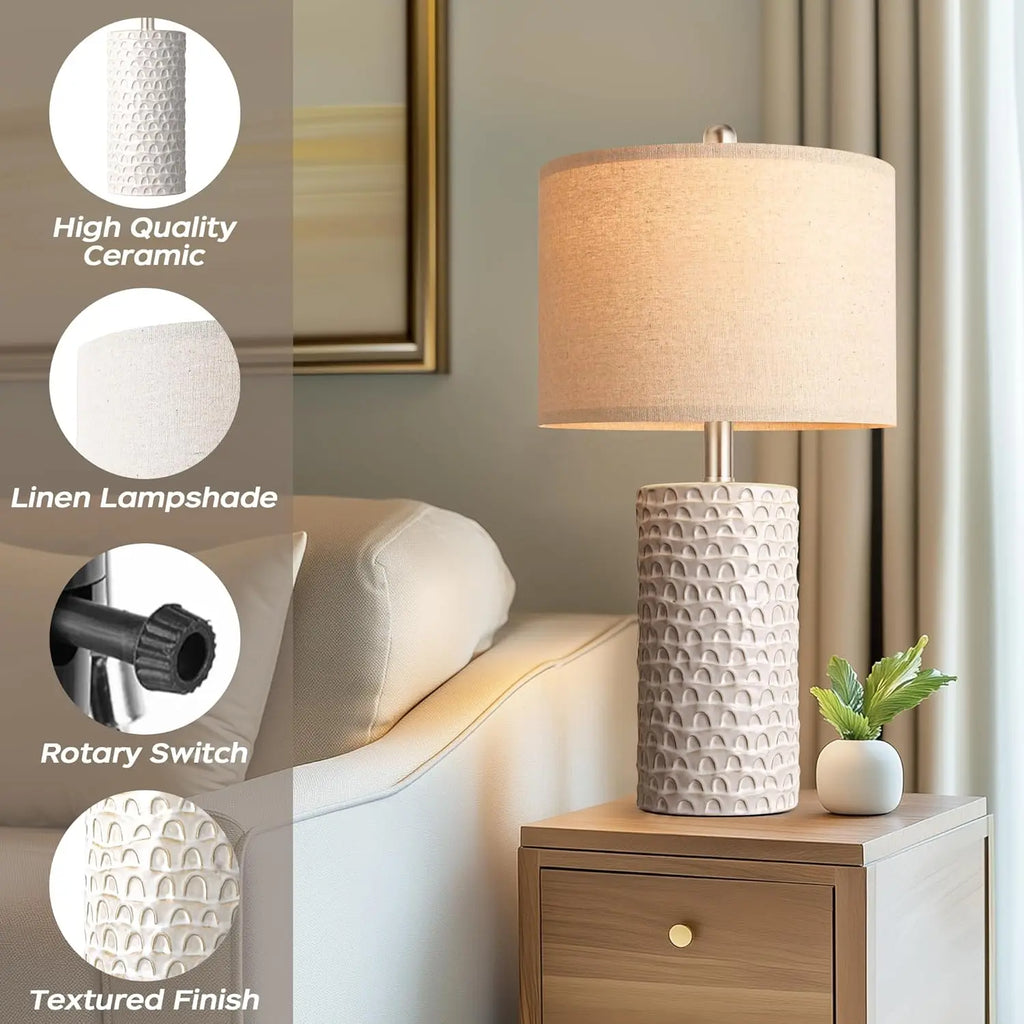Modern Ceramic Table Lamp Set of 2, Rustic Farmhouse Nightstand Lamps for Living Room Bedroom Home Decor in White Beige