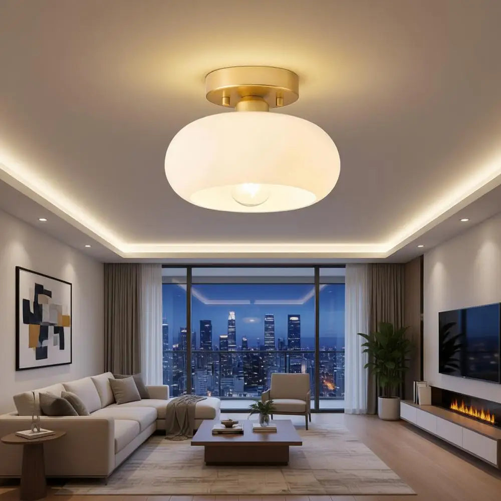 Gold Semi Flush Mount Ceiling Light with Glass Shade, Mini White Close to Ceiling Lamp or Entryway Hallway Bathroom (8.66 Inch)