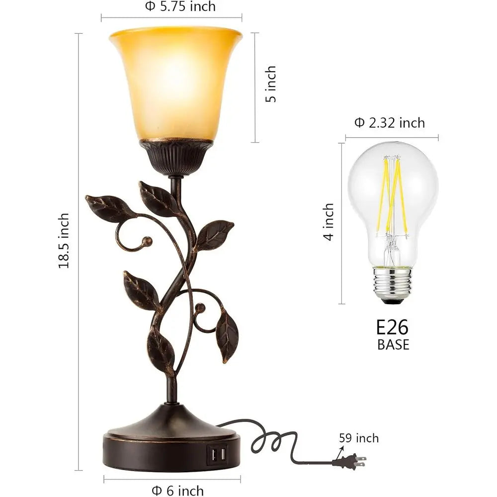 3-Way Dimmable LED Table Lamp with 2 USB Ports, Amber Glass Shade, Suitable for Living Room, Bedroom, and More (Bronze)