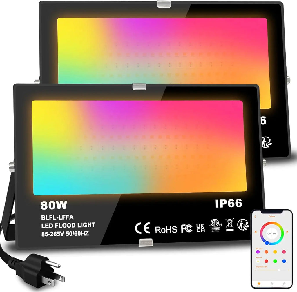 Smart RGB LED Flood Light 800W Equivalent 8000LM with APP Control, IP66 Waterproof, Timing Function (2 Pack)