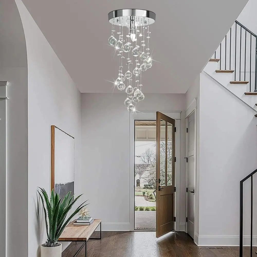 Elegant Spiral Lush Mount Raindrop Crystal Ball Pendant Ceiling Lamp Lighting Fixtures for Bedroom Hallway Living Room D8 x H15.