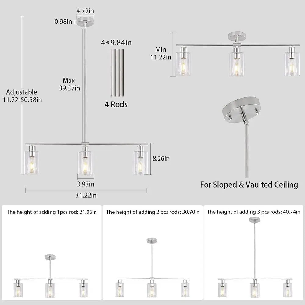 3 Lights Kitchen Island Lighting Brushed Nickel Pendant Light ixtures with Glass Shade 31" Dining Room Chliers Adjustable Height