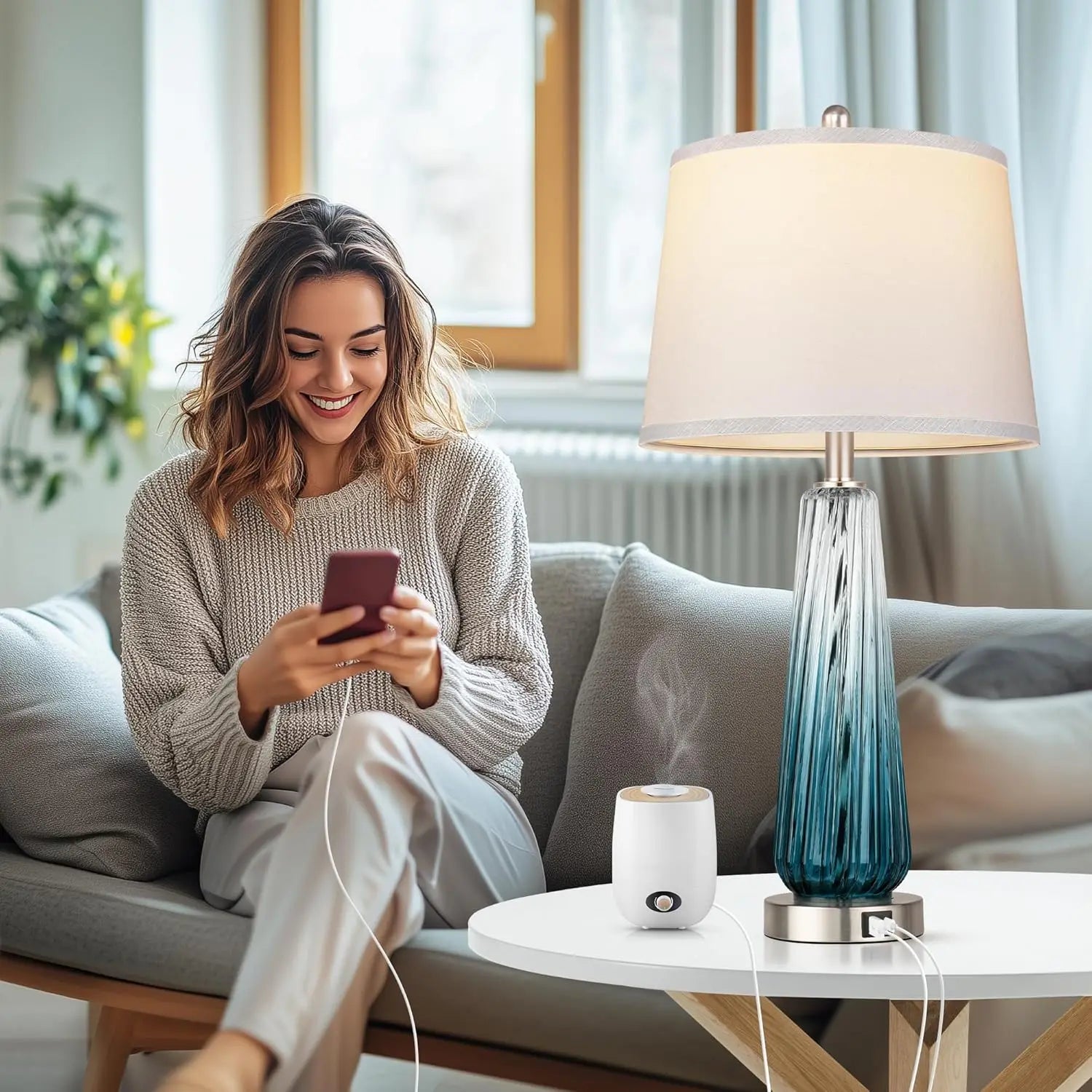 Touch Control Glass Table Lamps Set of 2 with USB Ports, Dimmable Nightstand Lamp for Bedroom Living Room Decor