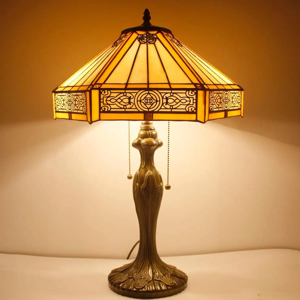 Yellow Hexagon Stained Glass Table Lamp, 16x16x24 Inches, Metal Base for Bedroom Living Room Office Decor