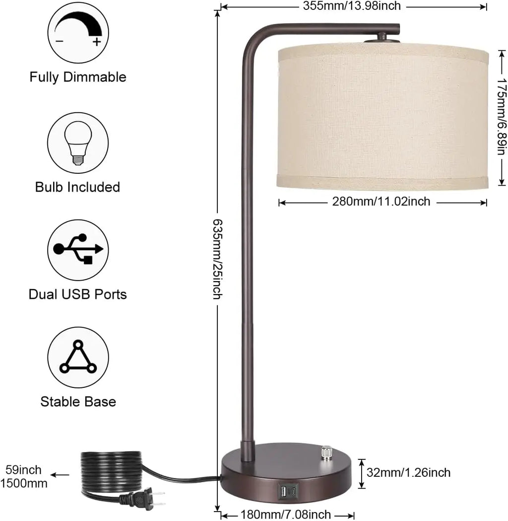 Modern USB Table Lamp with Dimmable LED, Dual Charging Ports for Bedroom and Office