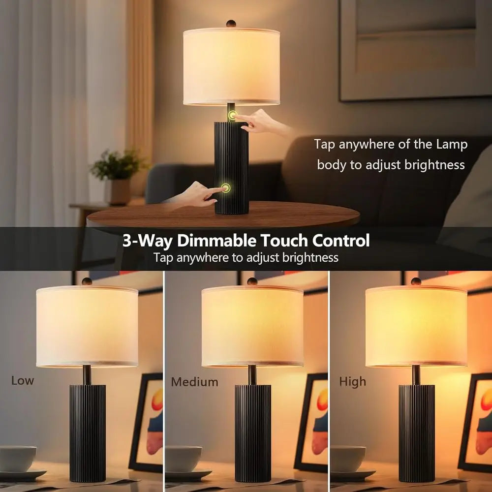 Pair of 24.5 Modern Table Lamps with USB & Charging Ports for Living Room, Stripe Touch Control, 2 Bulbs Included