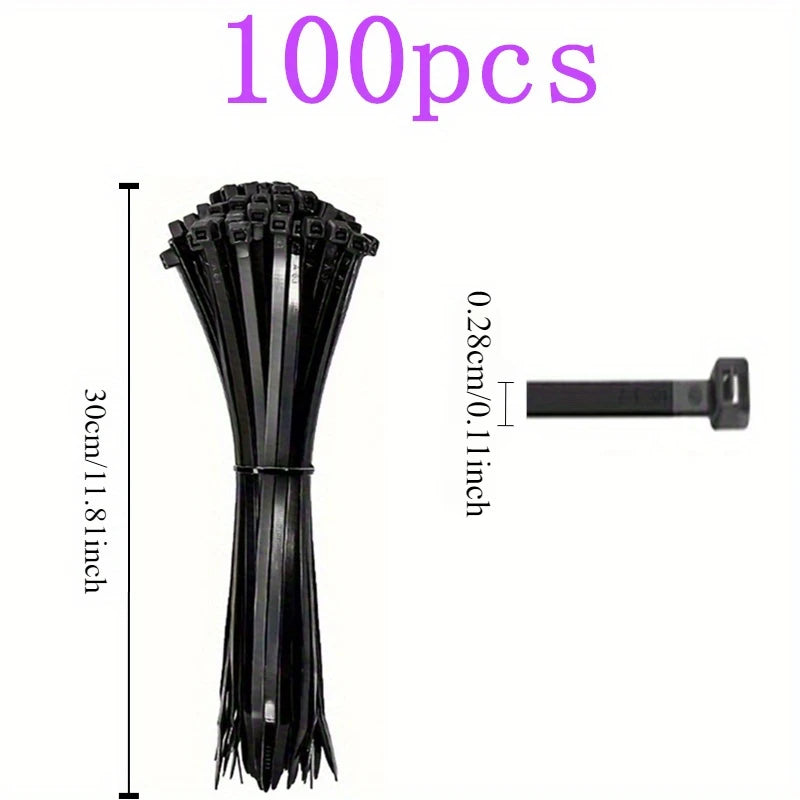 100pcs Black Cable Ties High Tensile Strength, Uv Resistant, Self-Locking For Home & Office Cord Management