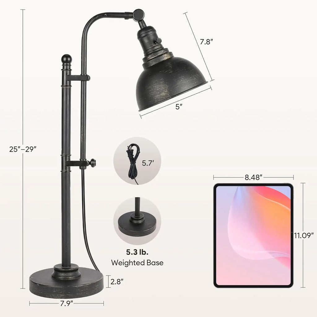Adjustable Industrial Desk Lamp in Aged Bronze Finish, 25-29 Inch Height, ETL Certified Vintage Task Light
