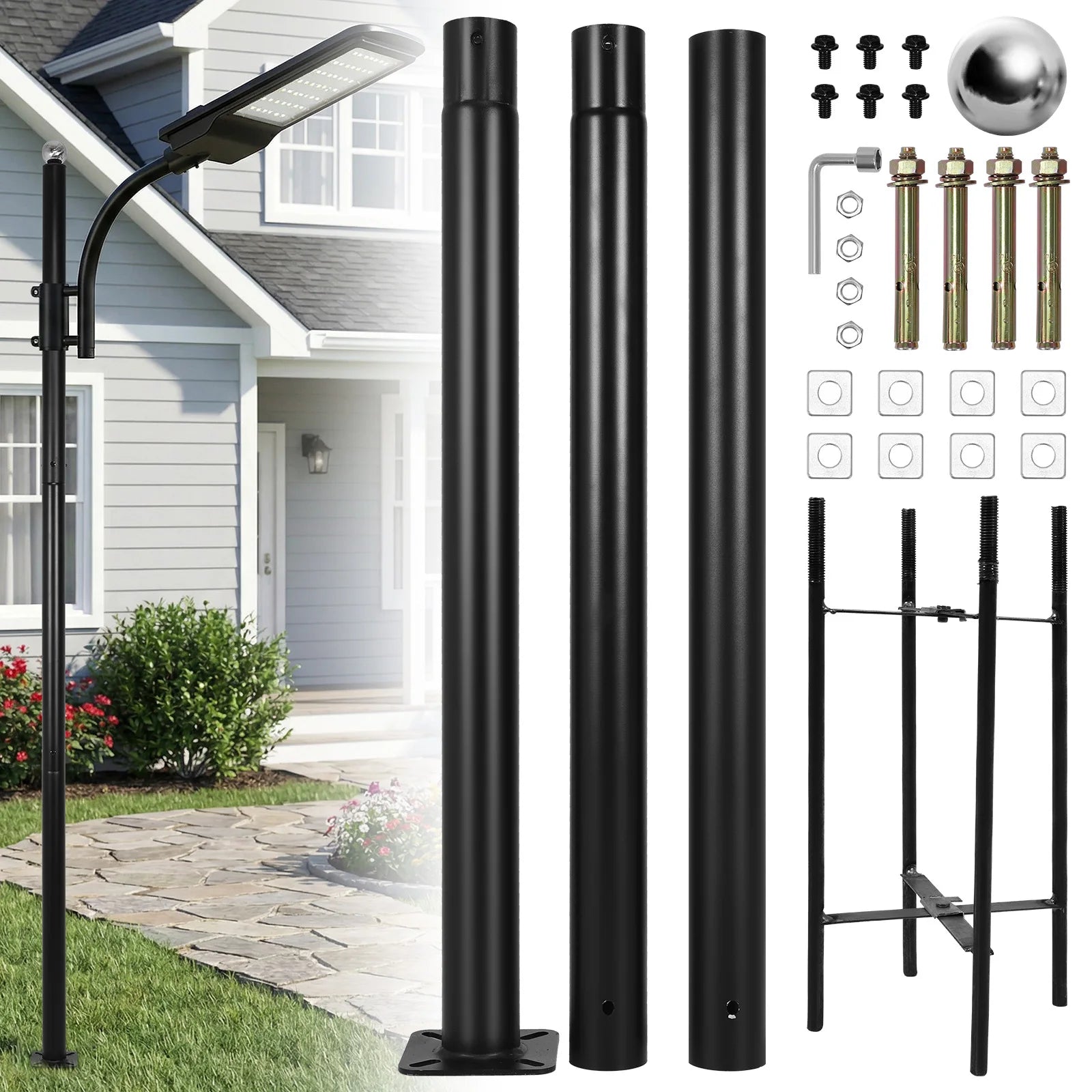 10Ft Tall Courtyard Light Pole with Rebar Cage Base Heavy Duty Street Lamp Post Weather-Resistant for Street/Parking Lots/Park