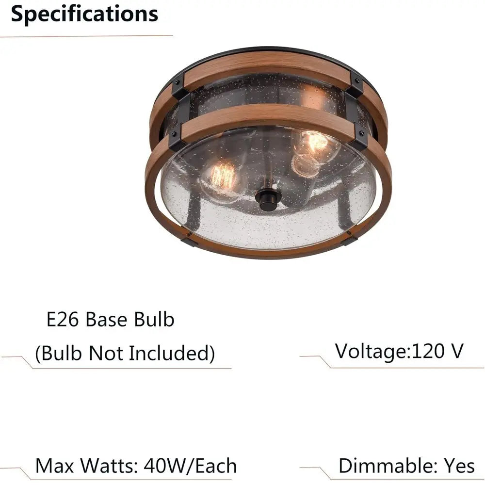 2-Light Hallway Ceiling Light in Black & Rustic Wood Grain Finish with Clear Seeded Glass Shade