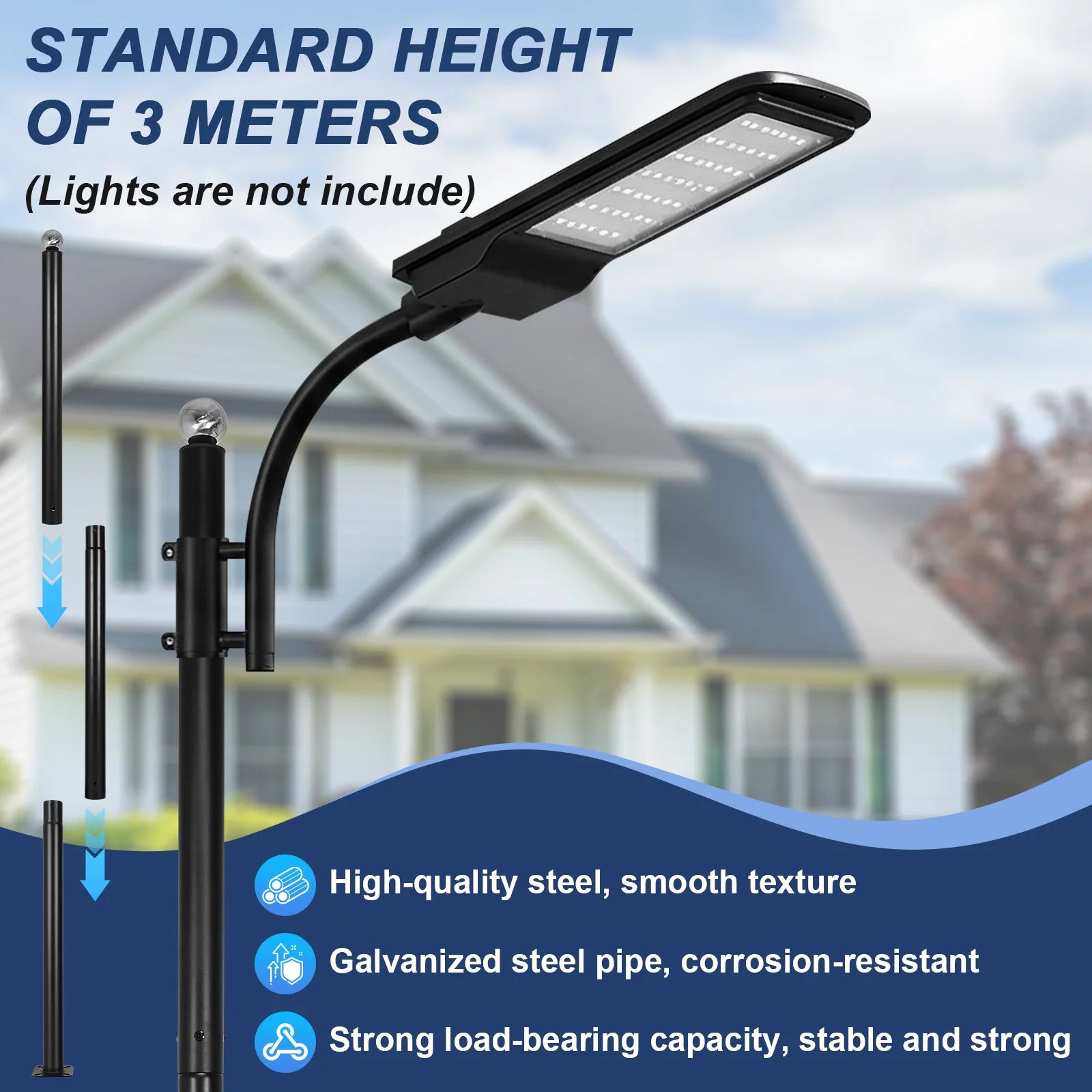 10Ft Tall Courtyard Light Pole with Rebar Cage Base Heavy Duty Street Lamp Post Weather-Resistant for Street/Parking Lots/Park