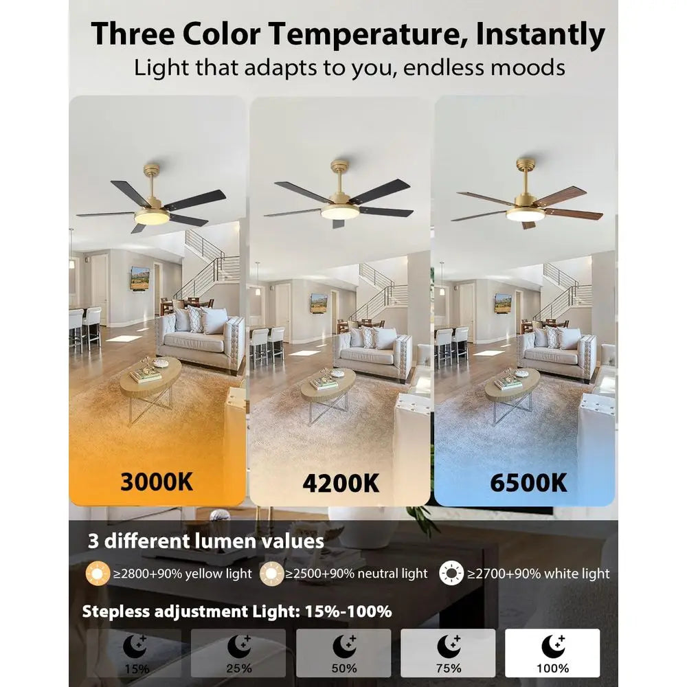 52 Inch Gold Ceiling Fan with Lights and Remote/APP, Sleek Black and Gold Ceiling Fan, ETL Listed, Indoor Outdoor Smart Ceiling