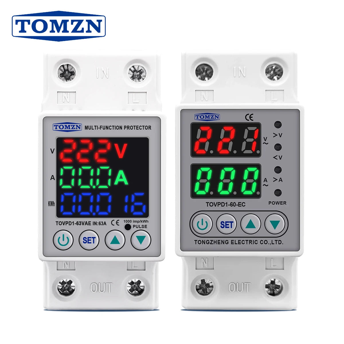 DIN Rail Dual Display Adjustable Over Voltage Current And Under Voltage Protective Device Protector Relay 40A 63A 80A 220V 230V