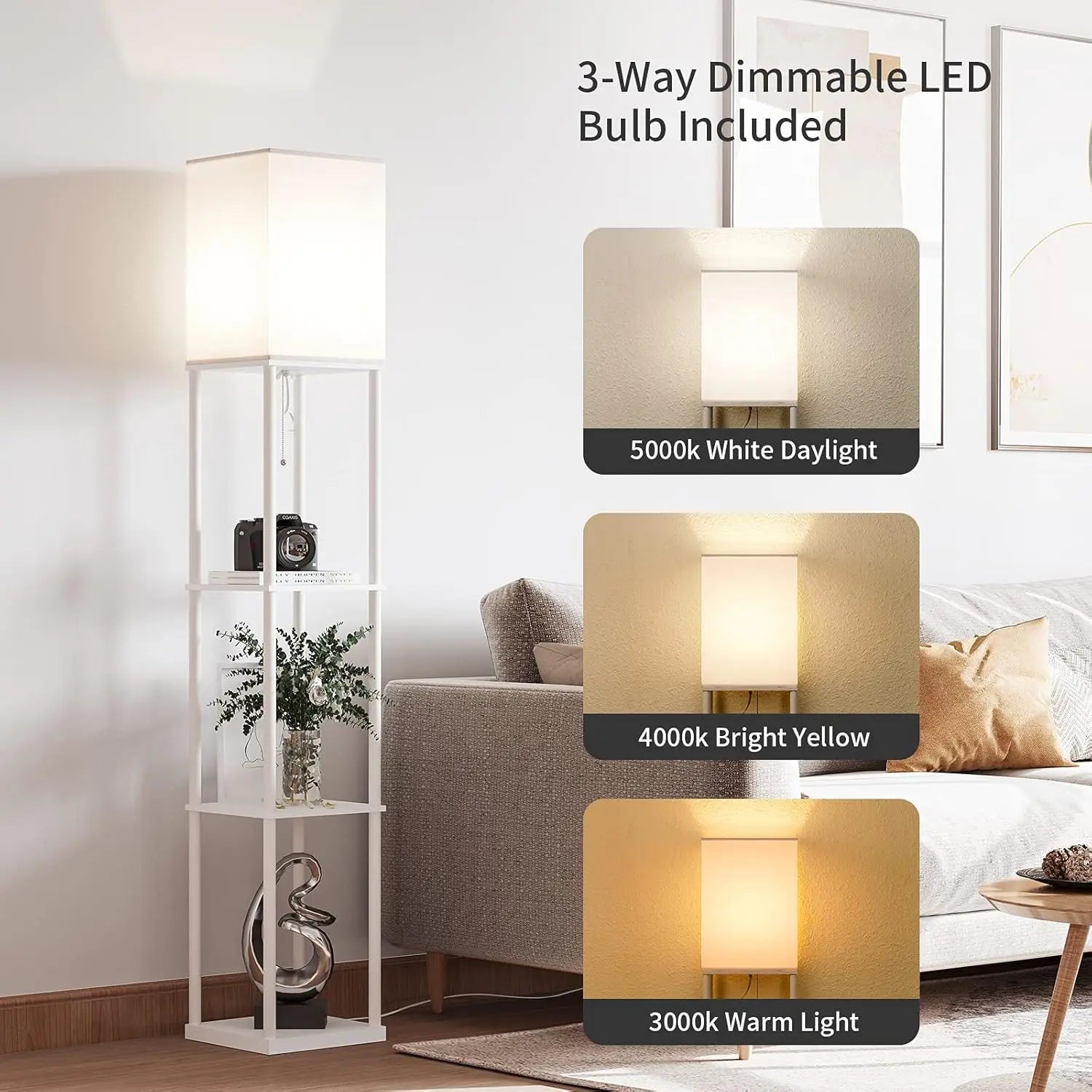 Modern Square Shelf Floor Lamp with Dimmable LED Bulb, White Shade for Living Room and Bedroom