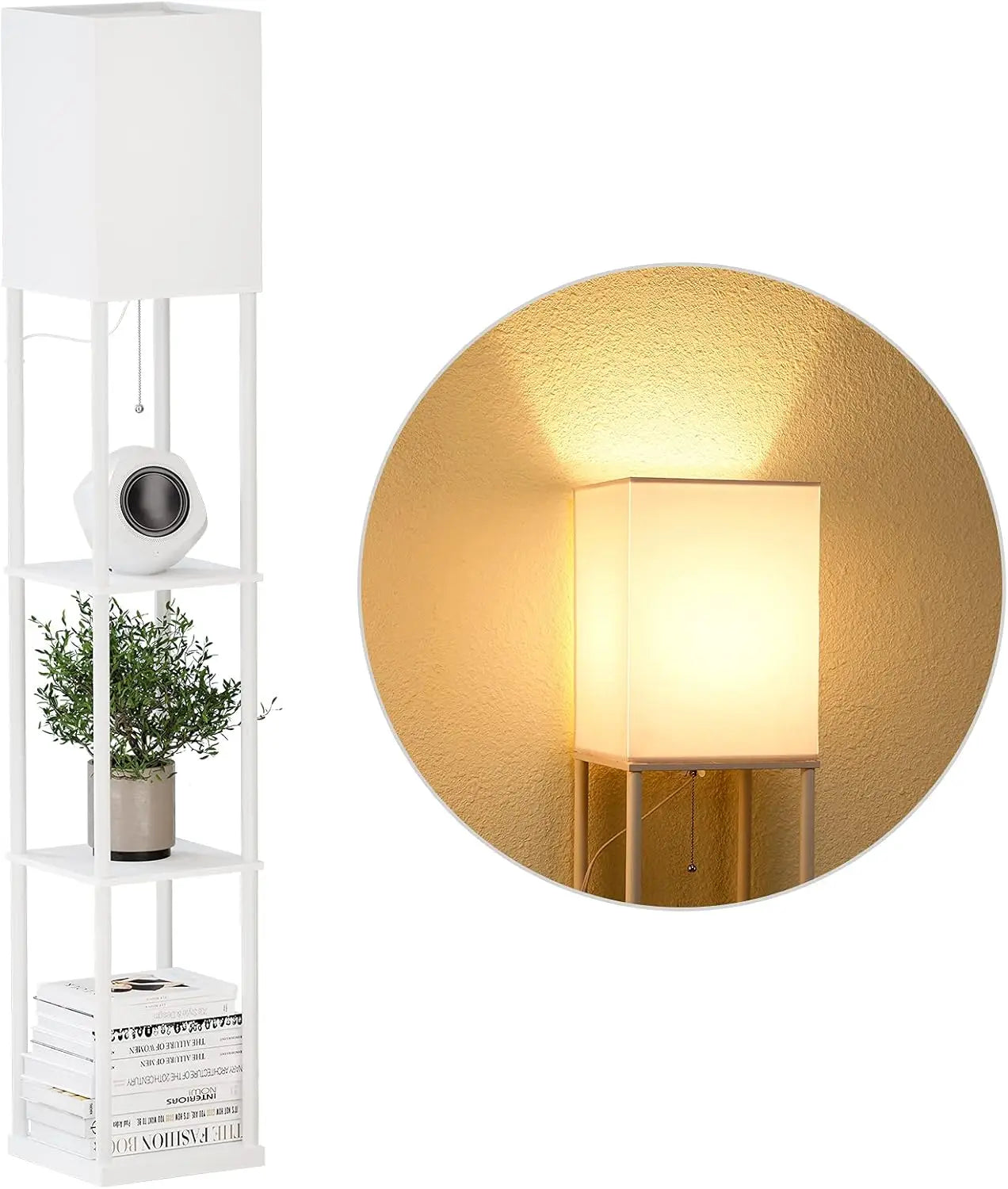 Modern Square Shelf Floor Lamp with Dimmable LED Bulb, White Shade for Living Room and Bedroom