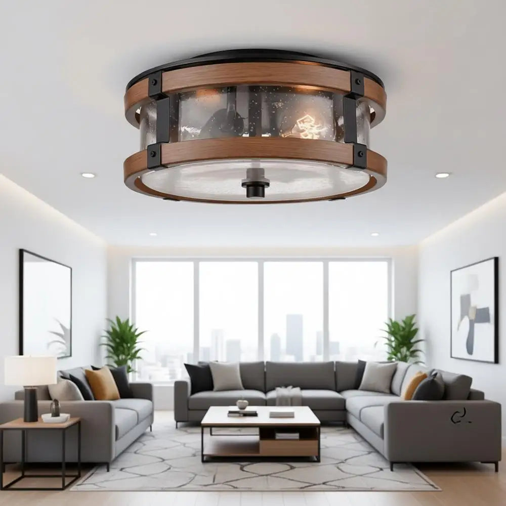 2-Light Hallway Ceiling Light in Black & Rustic Wood Grain Finish with Clear Seeded Glass Shade