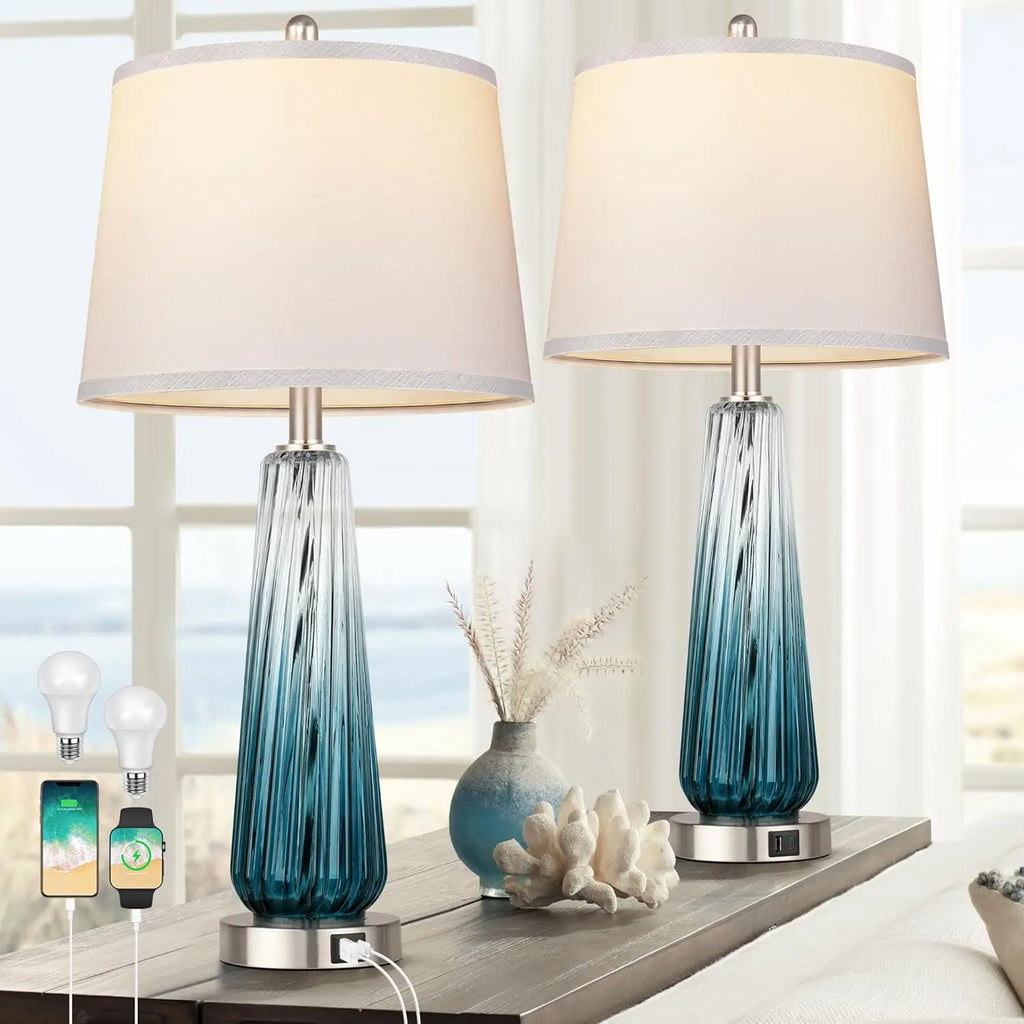Touch Control Glass Table Lamps Set of 2 with USB Ports, Dimmable Nightstand Lamp for Bedroom Living Room Decor