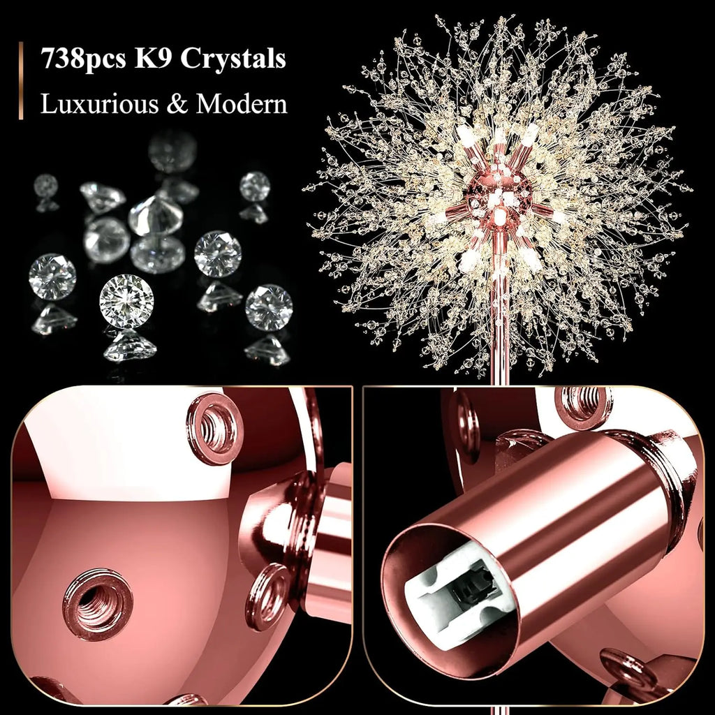 69'' Crystal Floor Lamp with 738 K9 Crystals, Modern Standing Light for Living Room, Rose Gold Finish, 9 LED Bulbs