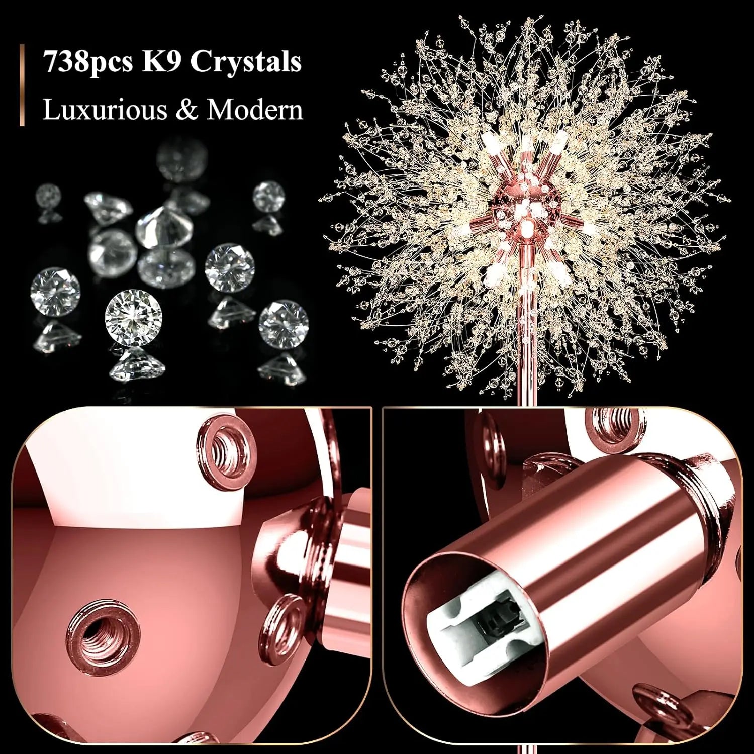 69'' Crystal Floor Lamp with 738 K9 Crystals, Modern Standing Light for Living Room, Rose Gold Finish, 9 LED Bulbs