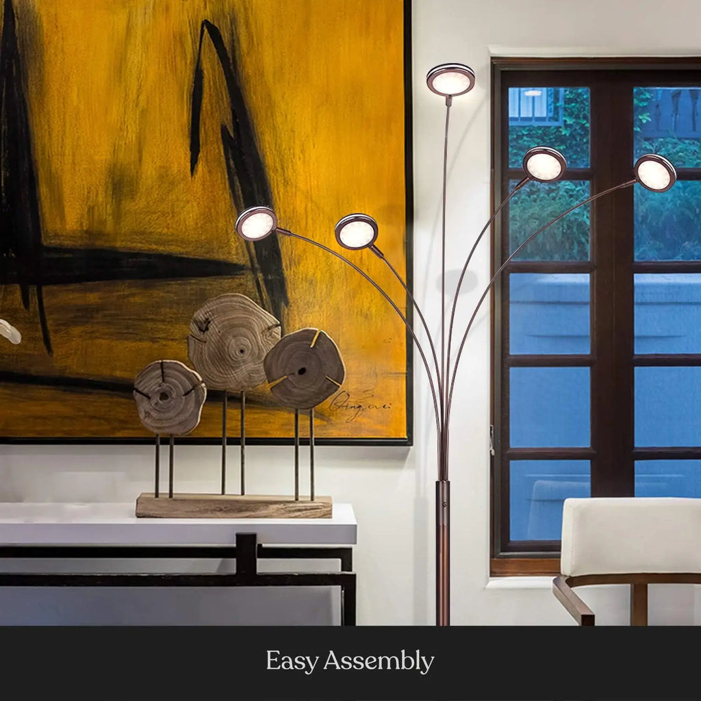 5-Arm Adjustable Arc Floor Lamp with Rotating LED Lights for Living Room and Bedroom - Bronze