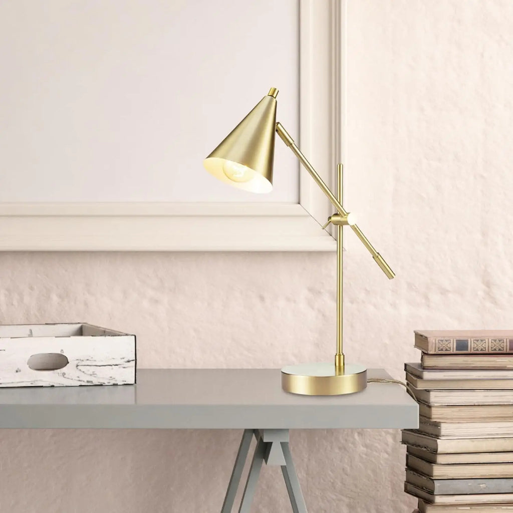 Adjustable Brass Desk Lamp with Modern Cone Shade, E26 Base for Bedroom or Office Lighting