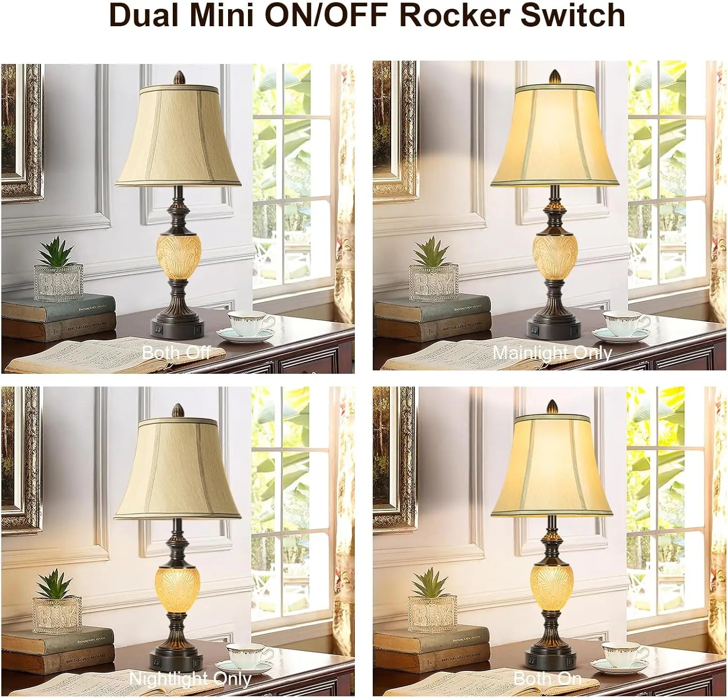 27' Vintage Table Lamp Set of 2 for Living Room, Farmhouse Bedside Lamp with Fabric Shades, Boho Nightstand Lamp with USB and