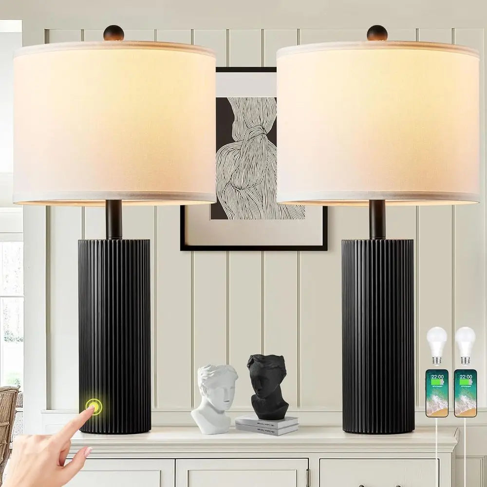 Pair of 24.5 Modern Table Lamps with USB & Charging Ports for Living Room, Stripe Touch Control, 2 Bulbs Included