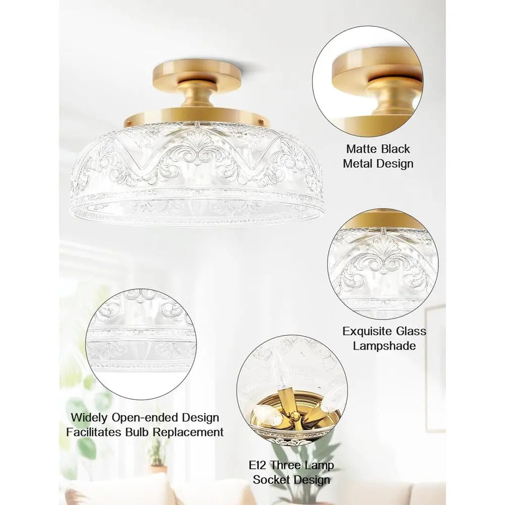 12 Inch Large Gold Ceiling Light Fixture, 3-Light Globe Glass for Kitchen, Bathroom, Hallway, Dining Room (Bulb Not Included)
