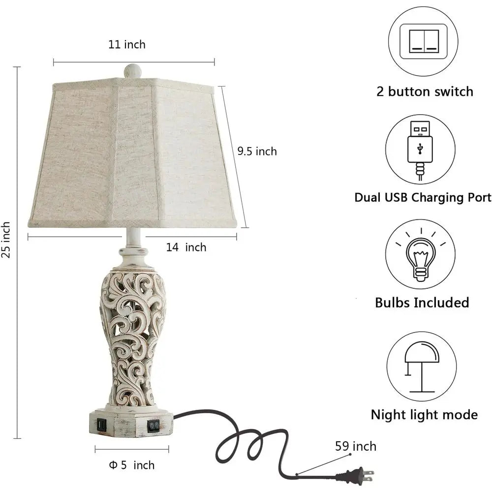 Pair of Rustic Table Lamps with USB Ports, Vintage Nightstand Light for Living Room or Bedroom, Hollow Resin Design, Includes Bu