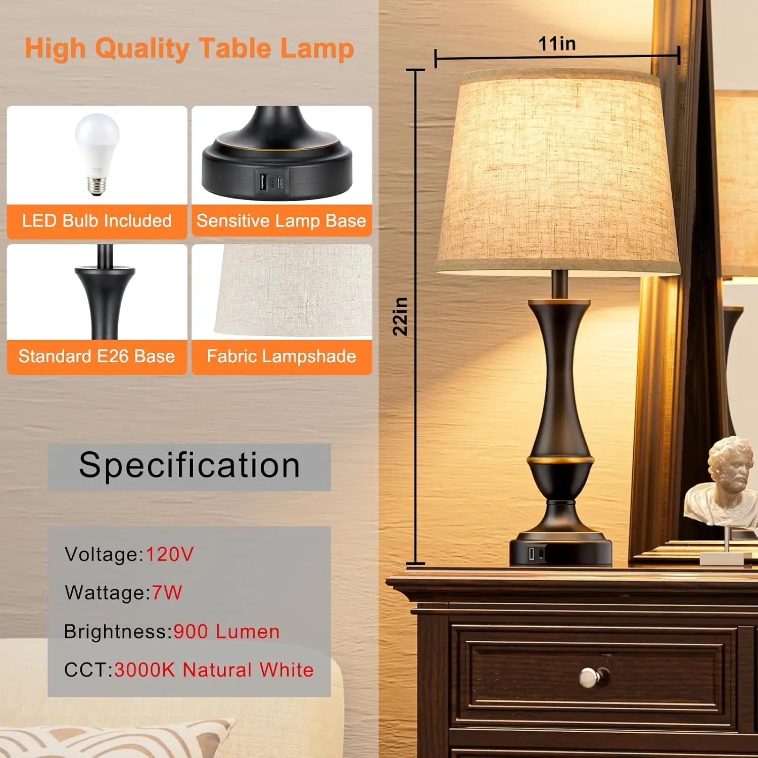 Touch Control Dimmable Bedside Lamps Set of 2 with USB C+A Ports, LED Bulbs Included for Bedroom Living Room