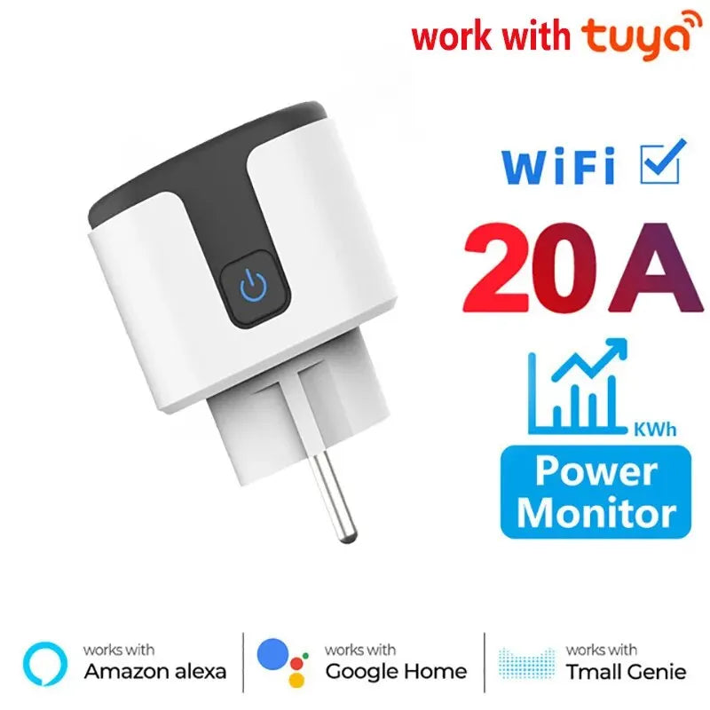 Tuya WiFi Smart Socket EU Plug 20A With Power Monitor Timing Function Smart Life Voice Control Works With Alexa Google Home ﻿