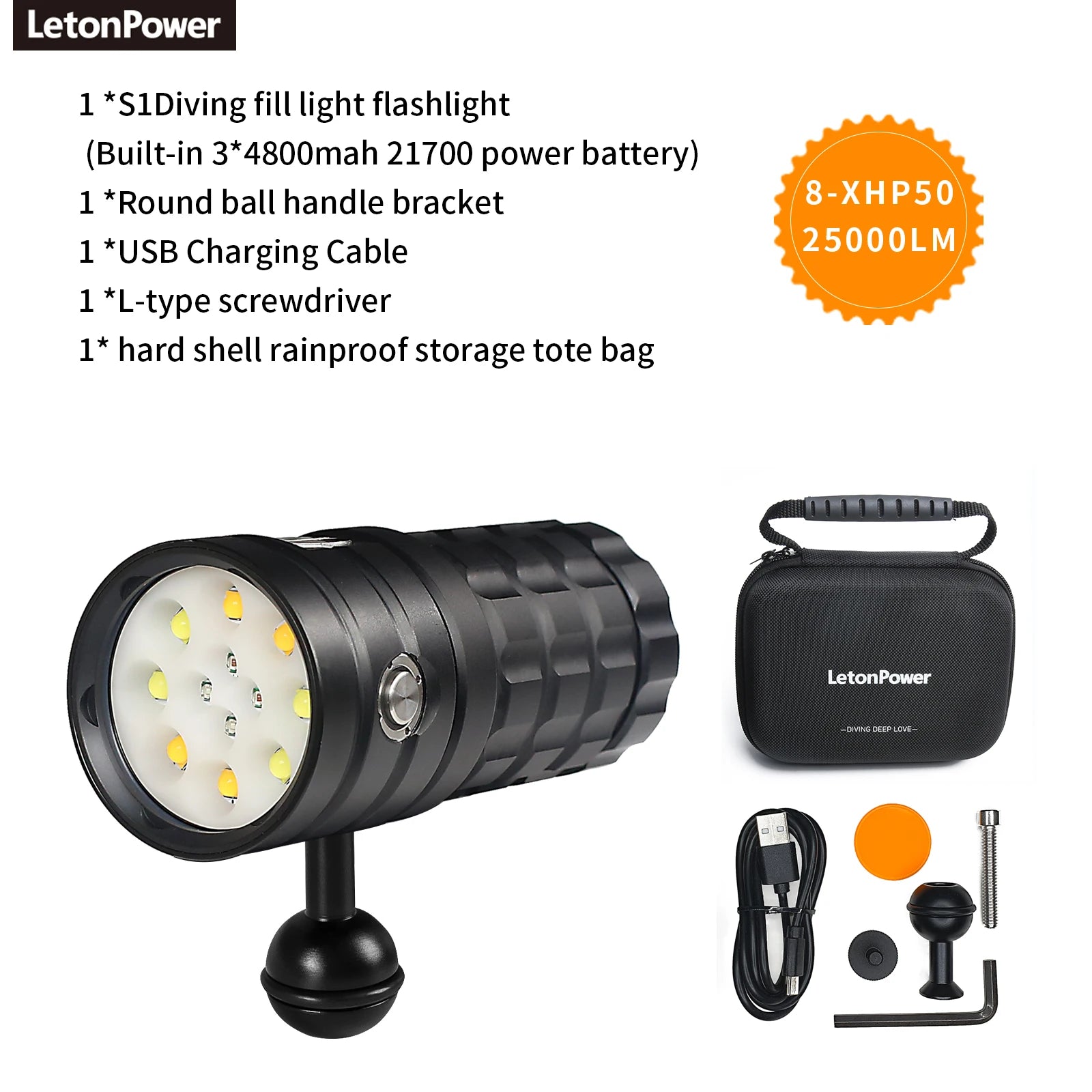 LetonPower Diving Flashlight 25000Lumens underwater flashlight 100m scuba dive light Type-C Charging underwater video light