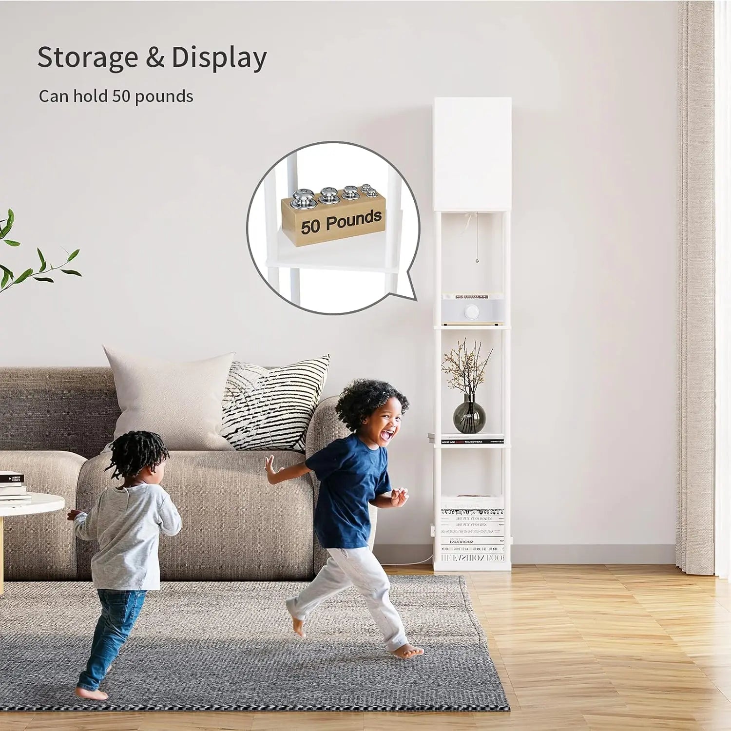 Modern Square Shelf Floor Lamp with Dimmable LED Bulb, White Shade for Living Room and Bedroom