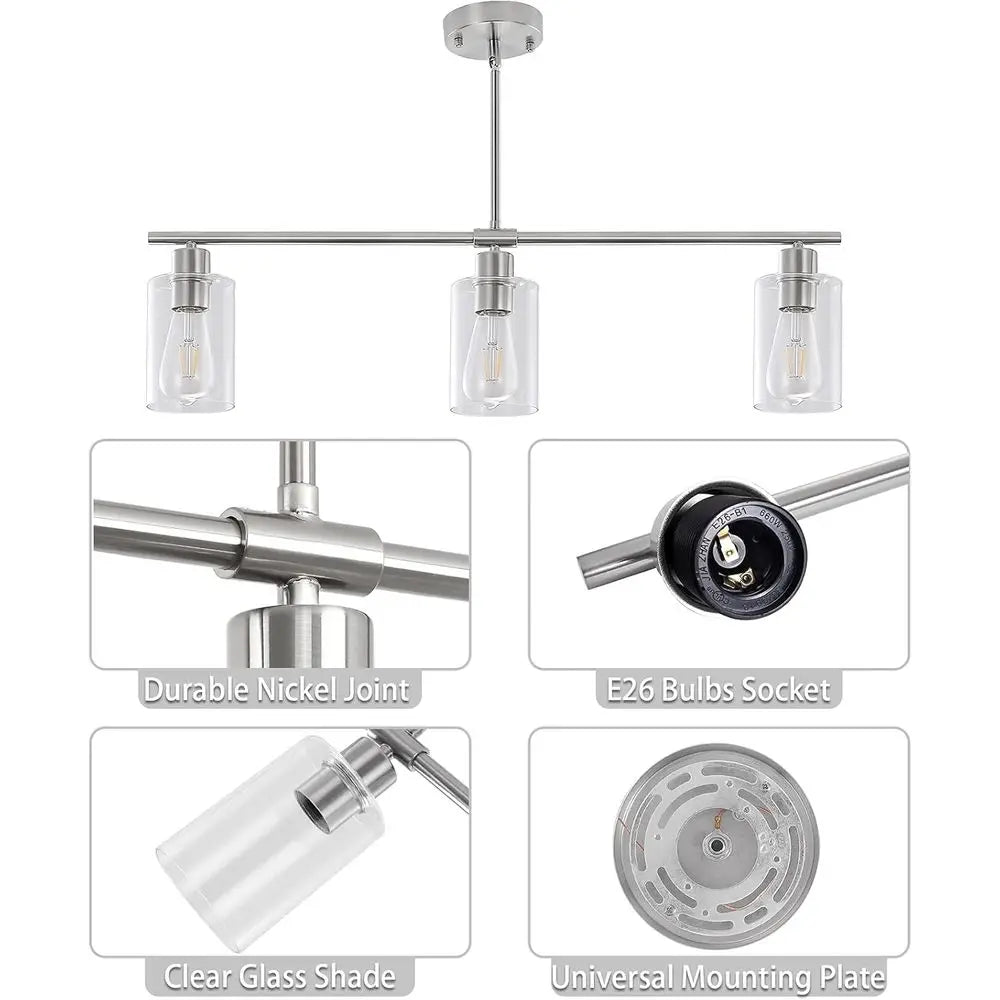 3 Lights Kitchen Island Lighting Brushed Nickel Pendant Light ixtures with Glass Shade 31" Dining Room Chliers Adjustable Height